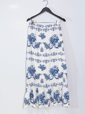 Sachin & Babi Austin Linen Blend Blue White Print Pattern Ruffle Maxi Skirt S